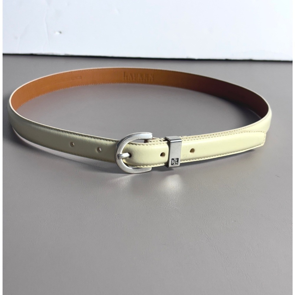 Lauren Ralph Lauren VINTAGE‎ Womens Leather Belt Cream RL Logo Genuine Italian